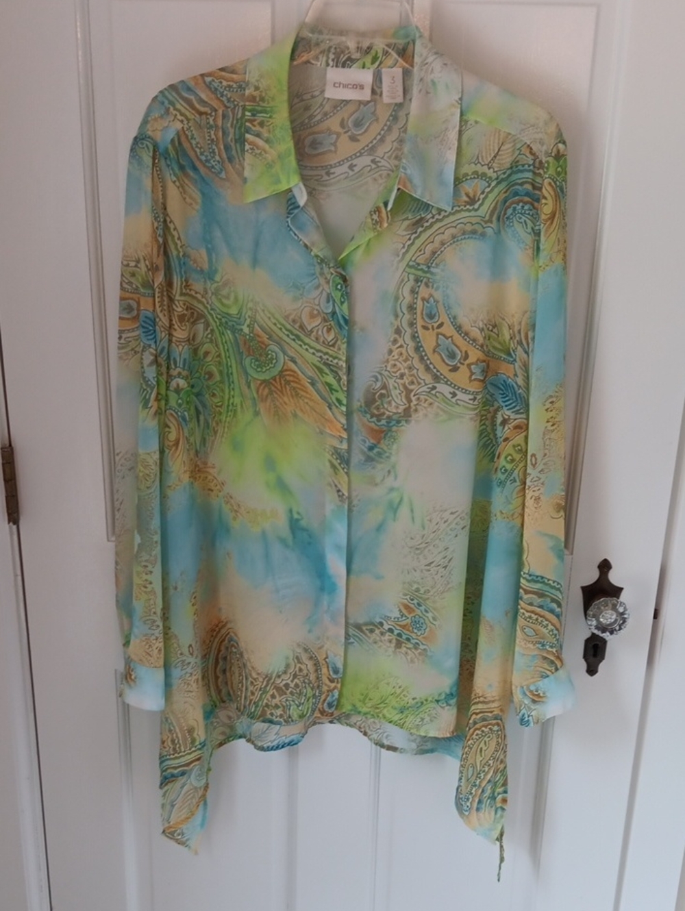 Chicos Lightweight Watercolor Paisley Print Long Sleeve boho Blouse  Size 3 -XL